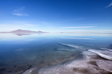 Bonneville Salt Flats covered with water in winter time near Great Salt Lake, Utah