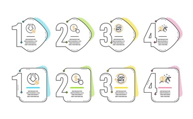 Buy currency, Cashback and Loan percent icons simple set. Bitcoin mining sign. Money exchange, Refund commission, Decrease rate. Cryptocurrency pickaxe. Finance set. Infographic timeline. Vector