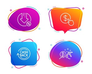 Buy currency, Cashback and Loan percent icons simple set. Bitcoin mining sign. Money exchange, Refund commission, Decrease rate. Cryptocurrency pickaxe. Finance set. Speech bubble buy currency icon