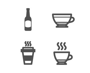 Set of Beer, Dry cappuccino and Takeaway icons. Espresso sign. Bar drink, Beverage mug, Takeout coffee. Hot drink.  Classic design beer icon. Flat design. Vector