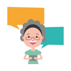 woman with smartphone and speech bubble character