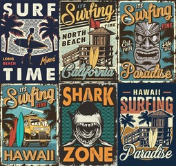 Vintage colorful surfing posters set