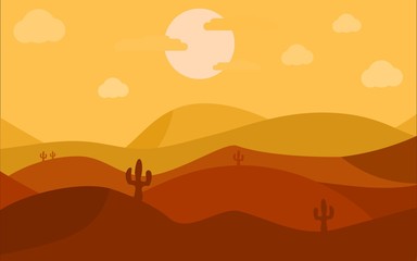 Fototapeta na wymiar Flat desert landscape with cactus design, vector nature horizontal background