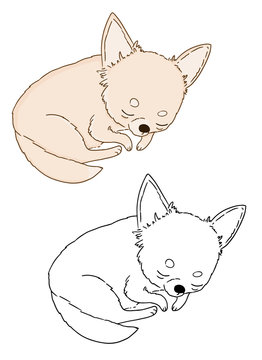 Lazy dog, vector illustration of cute chihuahua puppy sleeping icon on white background. Hand drawn picture of little dog for coloring book for children.
