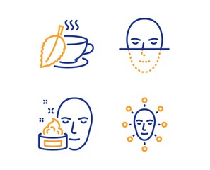 Face cream, Mint tea and Face recognition icons simple set. Gel, Mentha beverage, Faces biometrics. Facial recognition. Medical set. Linear face cream icon. Colorful design set. Vector