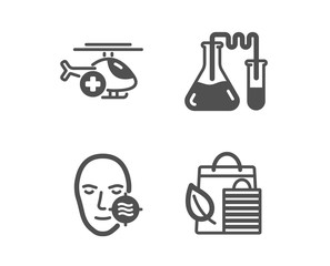 Set of Problem skin, Medical helicopter and Chemistry lab icons. Bio shopping sign. Facial care, Sky transport, Medical laboratory. Leaf.  Classic design problem skin icon. Flat design. Vector