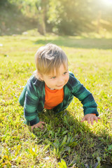 little blond boy on a green grass background on a Sunny day