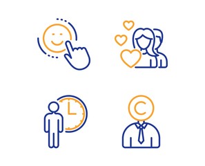Waiting, Couple and Smile icons simple set. Copyrighter sign. Service time, Valentines day, Positive feedback. Writer person. People set. Linear waiting icon. Colorful design set. Vector