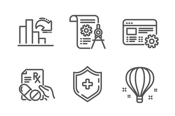 Web settings, Decreasing graph and Prescription drugs icons simple set. Divider document, Medical shield and Air balloon signs. Engineering tool, Column chart. Science set. Line web settings icon