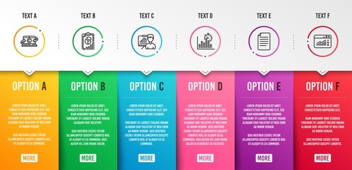 File, Report and Copywriting notebook icons simple set. Report timer, Presentation board and Web traffic signs. Paper page, Presentation chart. Science set. Infographic template. 6 steps timeline