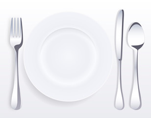White empty porcelain plate with spoon, knife and fork. Vector illustration in realistic style.