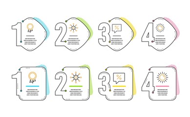 Multichannel, Discount message and Success icons simple set. Sun sign. Multitasking, Special offer, Award reward. Summer. Infographic timeline. Line multichannel icon. 4 options or steps. Vector