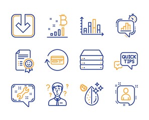 Servers, Support consultant and Diagram graph icons simple set. Refund commission, Dirty water and Quick tips signs. Spanner, Load document and Bitcoin graph symbols. Line servers icon. Colorful set