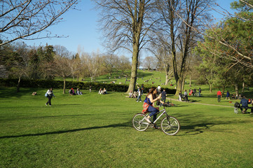 Toronto, Canada - 05 09 2018: Torontonians relaxing and having fun in High Park Toronto which attracts many visitors in spring to celebrate nature awakening