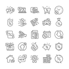 Loan line icons. Set of Interest rate, Investment and Percentage diagram linear icons. Car leasing, analytics plan, Credit card percent and loan rate. Bank mortgage, leasing, interest graph. Vector