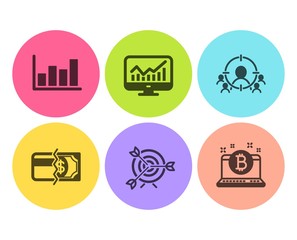 Business targeting, Statistics and Report diagram icons simple set. Payment methods, Target and Bitcoin signs. People and target aim, Financial report. Finance set. Flat business targeting icon
