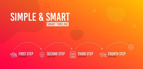 Infographic timeline. Ssd, People talking and Face biometrics icons simple set. Search flight sign. Memory disk, Contact service, Facial recognition. Find travel. 4 steps layout. Line ssd icon. Vector