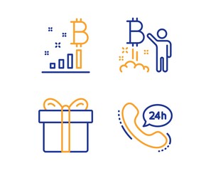 Bitcoin project, Gift box and Bitcoin graph icons simple set. 24h service sign. Cryptocurrency startup, Present package, Cryptocurrency analytics. Call support. Linear bitcoin project icon. Vector