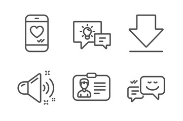 Love chat, Downloading and Idea lamp icons simple set. Loud sound, Identification card and Happy emotion signs. Smartphone, Load information. Technology set. Line love chat icon. Editable stroke