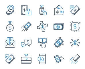 Payment wallet line icons. Set of Accept money transfer, Pay with Phone and Credit card by mail icons. Online payment, Dollar exchange and Fast money send. Private pay, Cash and Wallet. Vector