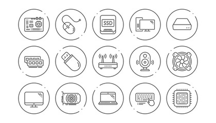 Computer device line icons. Motherboard, CPU and Laptop. SSD memory linear icon set. Line buttons with icon. Editable stroke. Vector