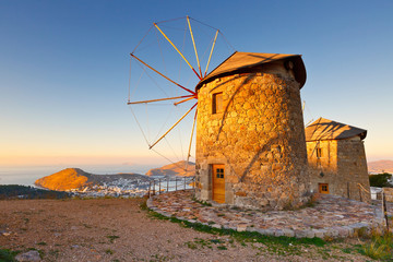 Traditional windmills at Chora village on Patmos island in Greece.