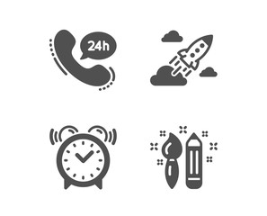Set of 24h service, Alarm clock and Startup rocket icons. Creativity sign. Call support, Time, Business innovation. Graphic art.  Classic design 24h service icon. Flat design. Vector