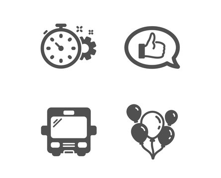 Set of Feedback, Bus and Cogwheel timer icons. Balloons sign. Speech bubble, Tourism transport, Engineering tool. Air balloons.  Classic design feedback icon. Flat design. Vector