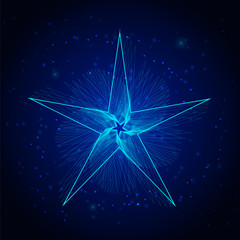Blue neon star of interweaving lines with glitter and radiance, spirograph, geometric shape. Abstract dark and shining galaxy space background. Eps10 vector illustration.