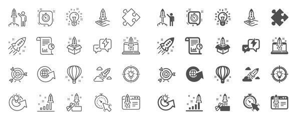 Startup line icons. Launch Project, Business report, Target icons. Strategy, Development plan, Startup space rocket. Air balloon, Out of the Box strategy and Business innovation report. Vector