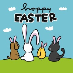 Obraz na płótnie Canvas Happy Easter cute animal friends wear rabbit ear looking to sky cartoon vector illustration