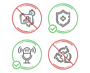 Do or Stop. Medical shield, Microphone and Statistics timer icons simple set. Recycle sign. Medicine protection, Mic, Growth chart. Recycling waste. Technology set. Line medical shield do icon