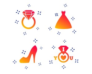 Wedding dress icon. Women's shoe symbol. Wedding or engagement day ring with diamond sign. Random dynamic shapes. Gradient wedding icon. Vector