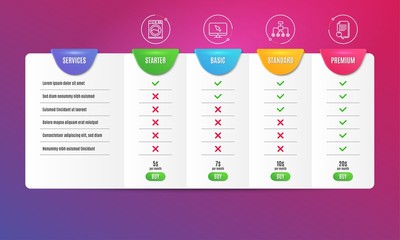 Washing machine, Internet and Restructuring icons simple set. Comparison table. Search file sign. Laundry service, Monitor with cursor, Delegate. Find document. Business set. Pricing plan. Vector