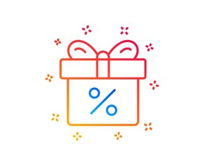 Gift box with Percentage line icon. Present or Sale sign. Birthday Shopping symbol. Package in Gift Wrap. Gradient design elements. Linear discount offer icon. Random shapes. Vector