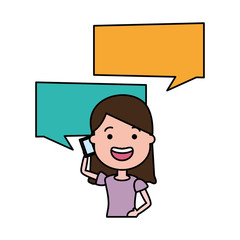 woman with smartphone and speech bubble character