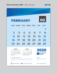 February 2020 Month template, Desk Calendar for 2020 year, week start on sunday, planner, stationery, Blue Concept, vertical layout vector, business printing design