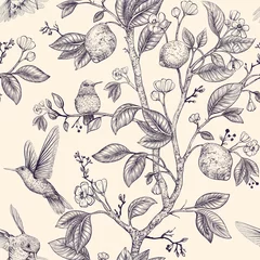 Fotobehang Vectorschetspatroon met vogels en bloemen. Kolibries en bloemen, retro stijl, natuur achtergrond. Vintage zwart-wit bloemontwerp voor inpakpapier, omslag, textiel, stof, behang © sunny_lion