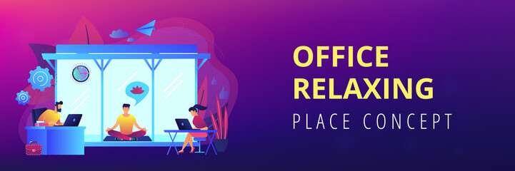 Business people working at laptops in office with meditation and relax area. Office meditation room, meditation pod, office relaxing place concept. Header or footer banner template with copy space.