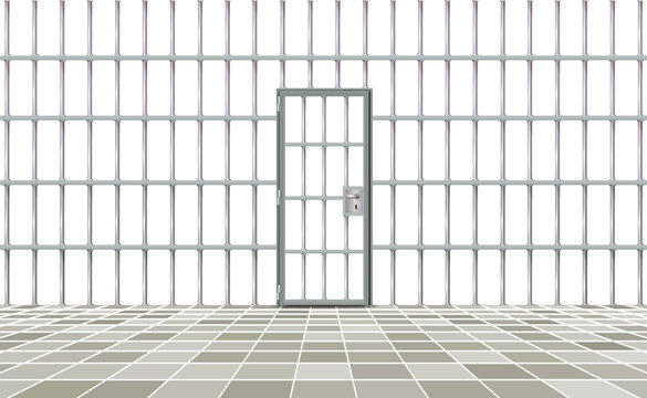 Realistic background prison iron interior. Gray door jail cells bars modern. Banner vector detailed illustration metal lattice. Detention centre metallic. Isolated way, freedom concept grid, jail