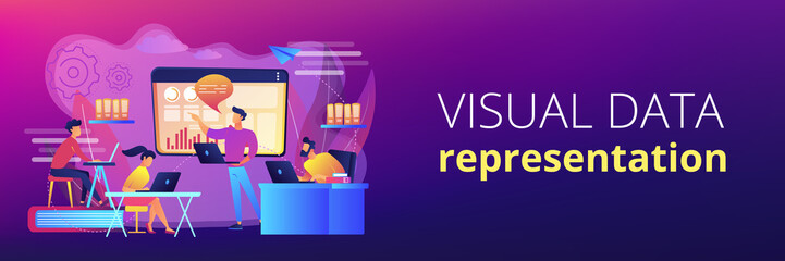 Business team with laptops look at digital presentation with charts. Digital presentation, office online meeting, visual data representation concept. Header or footer banner template with copy space.