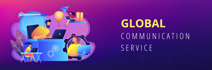 Freelancers team work with laptops connected by global network. Global network, world device connection, global communication service concept. Header or footer banner template with copy space.