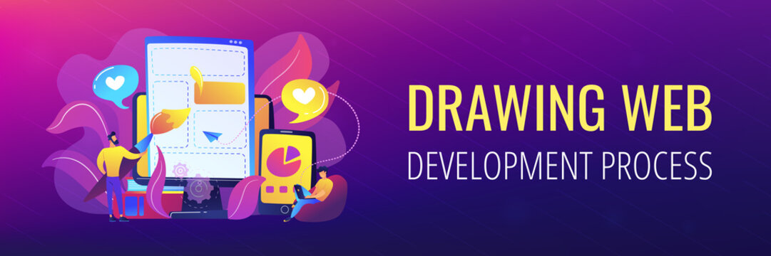 People drawing web page elements on the smartphone and LCD screen. Front end development it concept. Software development process. Violet palette. Header or footer banner template.