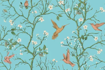 Poster Vector kleurrijk patroon met vogels en bloemen. Kolibries en bloemen, retro stijl, florale achtergrond. Lente, zomer bloemontwerp voor web, inpakpapier, omslag, textiel, stof, behang © sunny_lion