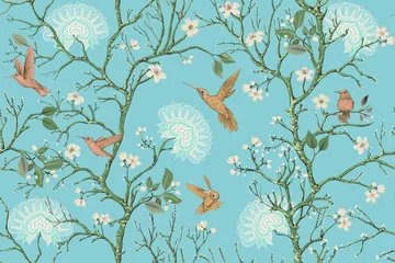 Deurstickers Vector colorful pattern with birds and flowers. Hummingbirds and flowers, retro style, floral backdrop. Spring, summer flower design for wrapping paper, cover, textile, fabric, wallpaper © sunny_lion