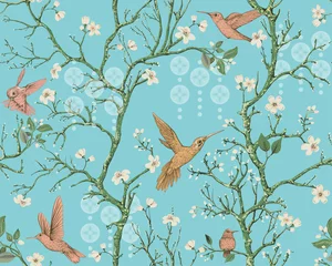 Foto op Canvas Vector kleurrijk patroon met vogels en bloemen. Kolibries en bloemen, retro stijl, florale achtergrond. Lente, zomerbloemontwerp voor inpakpapier, omslag, textiel, stof, behang © sunny_lion