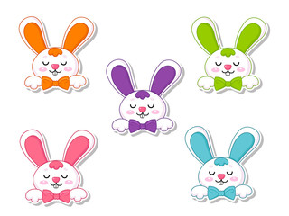 Happy Easter set Cute Cartoon Rabbit Sticker. Vector illustration decorative element on Easter Day