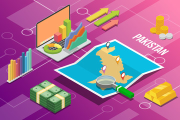 islam republic of pakistan isometric business economy growth country with map and finance condition - vector illustration