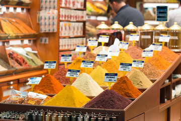 Turkish spices in the Grand Spice Bazaar. Colorful spices in sale shops in the Spice Market of Istanbul, Turkey
