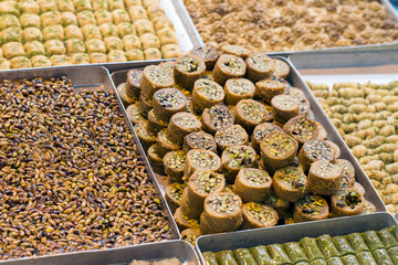 Pistachio and honey traditional Turkish delight in a sweet shop. Sweet and spice Market of Istanbul, Turkey